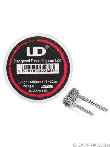 UD Staggered Fused Clapton SS316L Coil (26GA+Ribbon)x2+32GA), ID2.5 0.15ohm - 10pcs